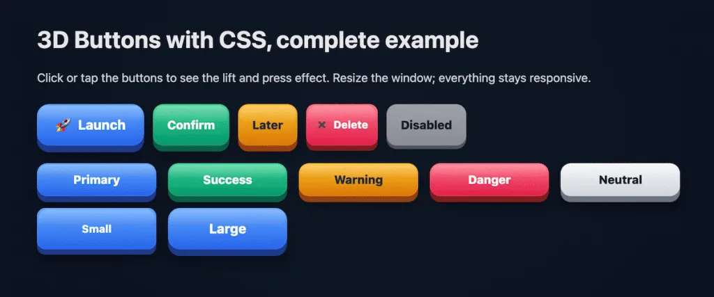 Set of colorful CSS 3D buttons in different sizes and states, including primary, success, warning, danger, and a disabled style.