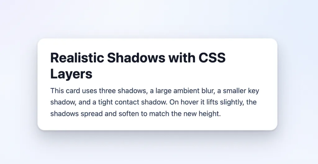 White card on a soft gradient background with layered ambient, key, and contact shadows.