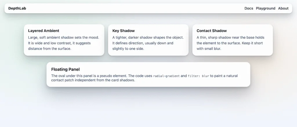 Three white cards in a responsive grid, each with layered shadows that show depth and direction.