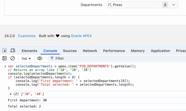 JavaScript code using apex.item getValue to read single page item value in Oracle APEX