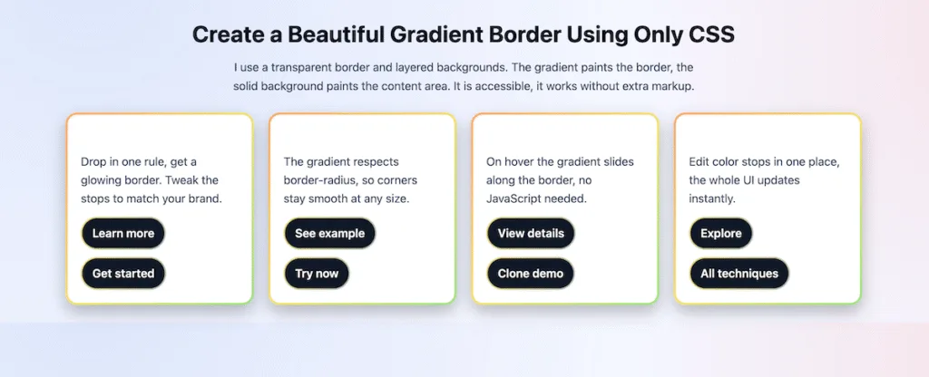 Responsive grid of cards, each with rounded corners and animated multi color gradient borders, on a subtle dark gradient page background.