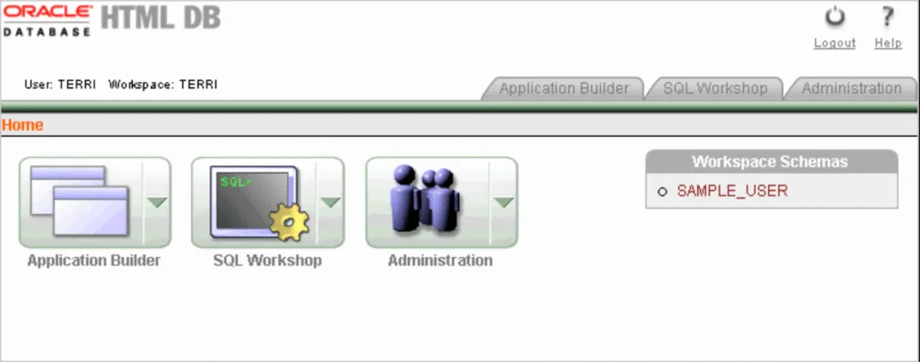 Screenshot of the Oracle HTML DB home interface after launching.