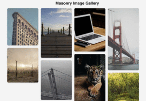 A responsive masonry image gallery showing random photos perfectly arranged without gaps, demonstrating the final JavaScript project.
