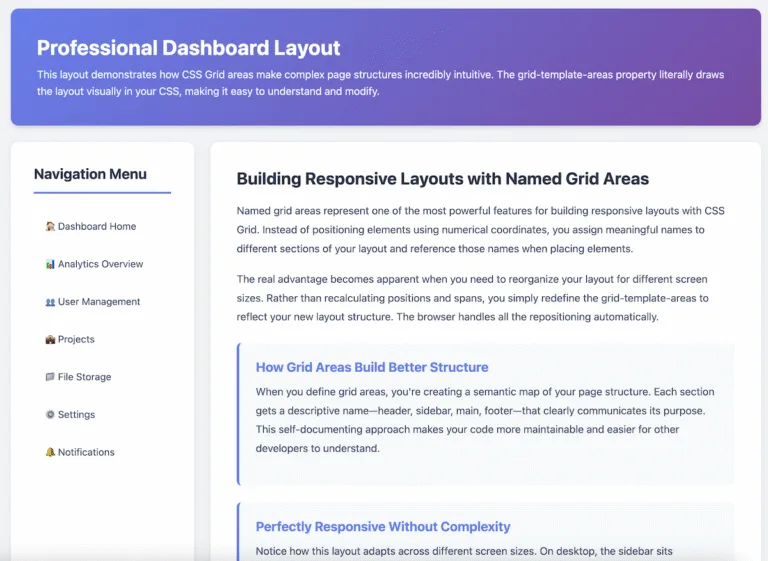 Professional Dashboard Layout using CSS grid.