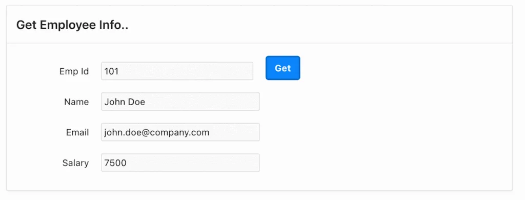 Employee form with P1_EMP_ID, GET_EMP Ajax process, and Fetch button in Oracle APEX.