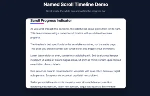 Colorful gradient progress bar growing horizontally as user scrolls through white container, demonstrating CSS named scroll timeline.