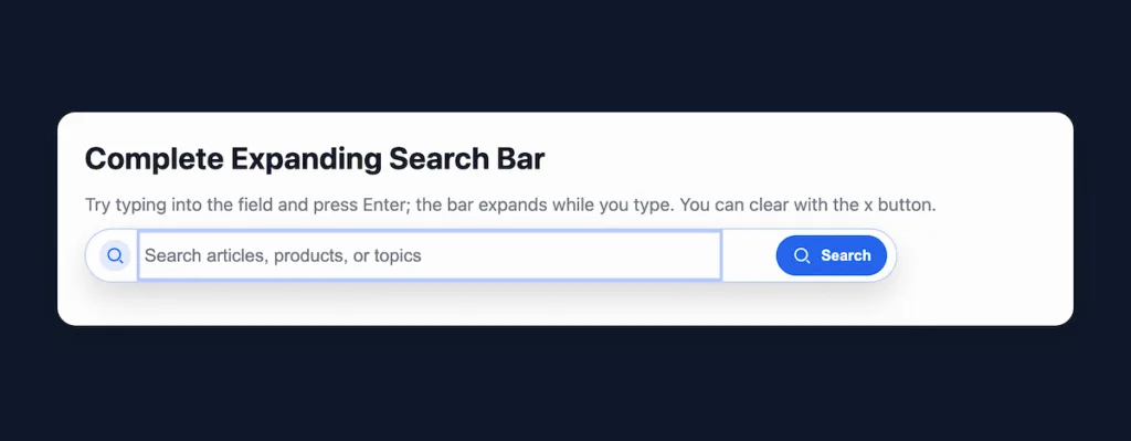 Responsive expanding search bar with left magnifying glass icon, input field, clear x button, and blue Search button in expanded state.