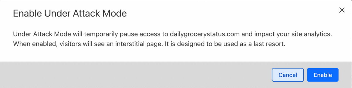 Screenshot of Cloudflare’s Under Attach Mode dialog.