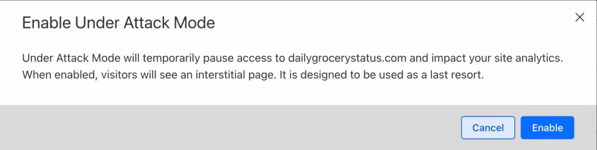 Screenshot of Cloudflare’s Under Attach Mode dialog.