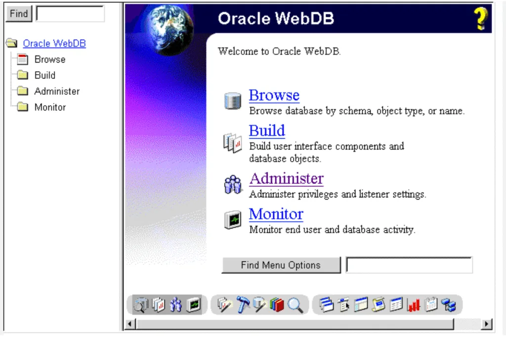 Screenshot of the Oracle WebDB home interface after launching.