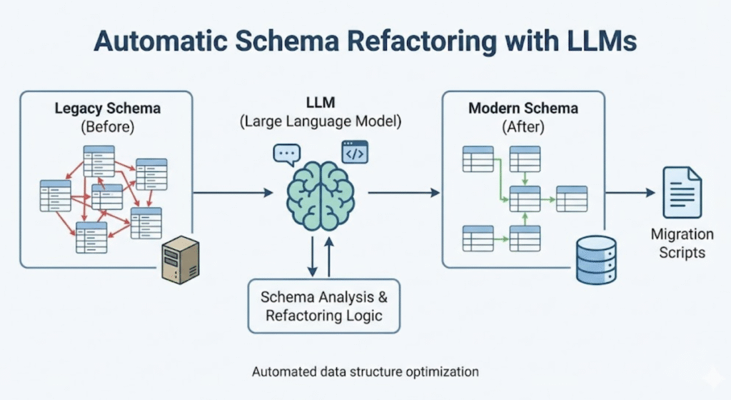Infographic on Automate database schema refactoring with LLM.