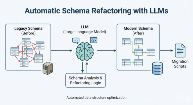 Infographic on Automate database schema refactoring with LLM.