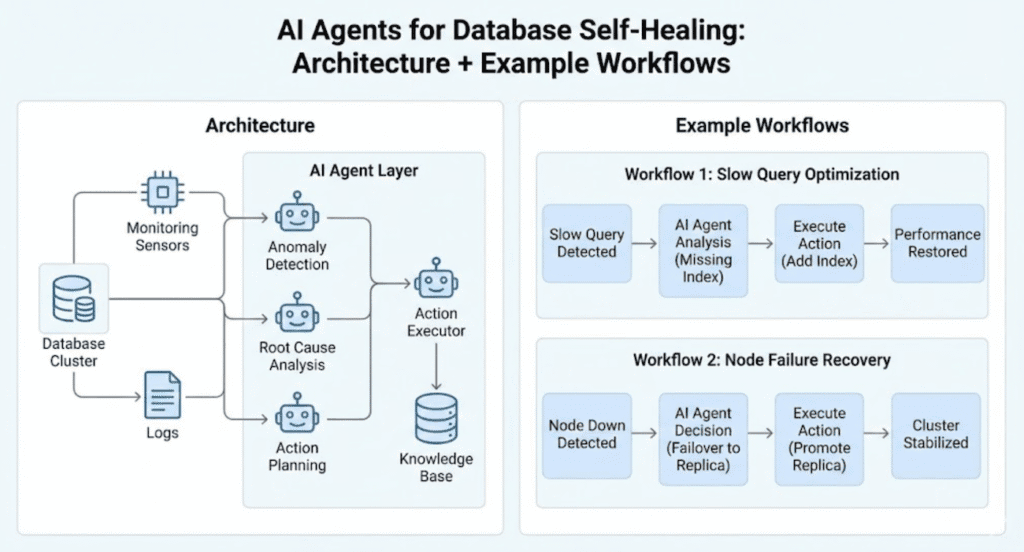 Infographic illustrating AI Agents for Database Self-Healing, Architecture + Example Workflows, light background.