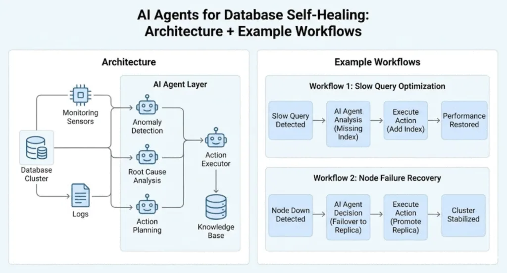 Infographic illustrating AI Agents for Database Self-Healing, Architecture + Example Workflows, light background.