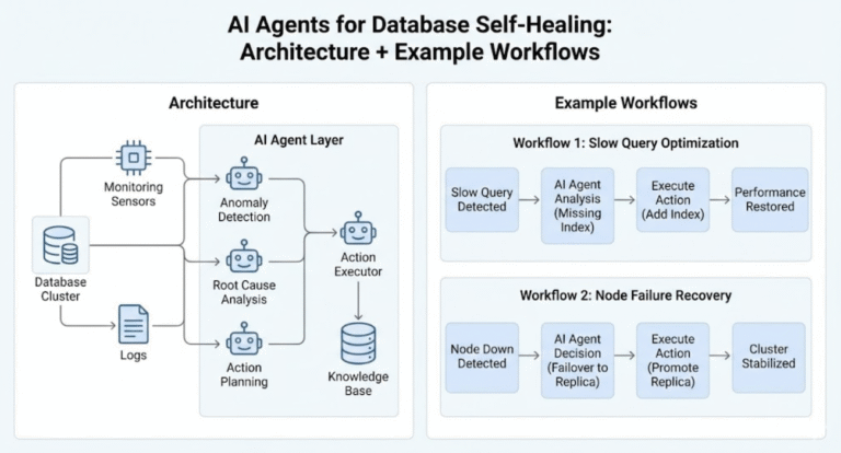 Infographic illustrating AI Agents for Database Self-Healing, Architecture + Example Workflows, light background.