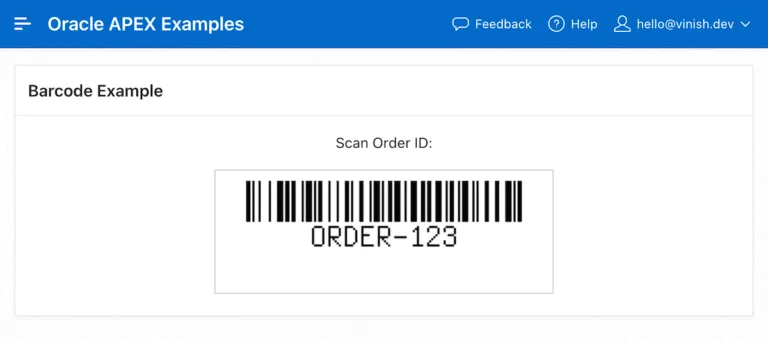 Displaying the generated barcode directly on a page in Oracle APEX.