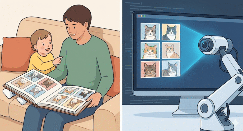 AI learns like a child by seeing many cat images to recognize patterns.