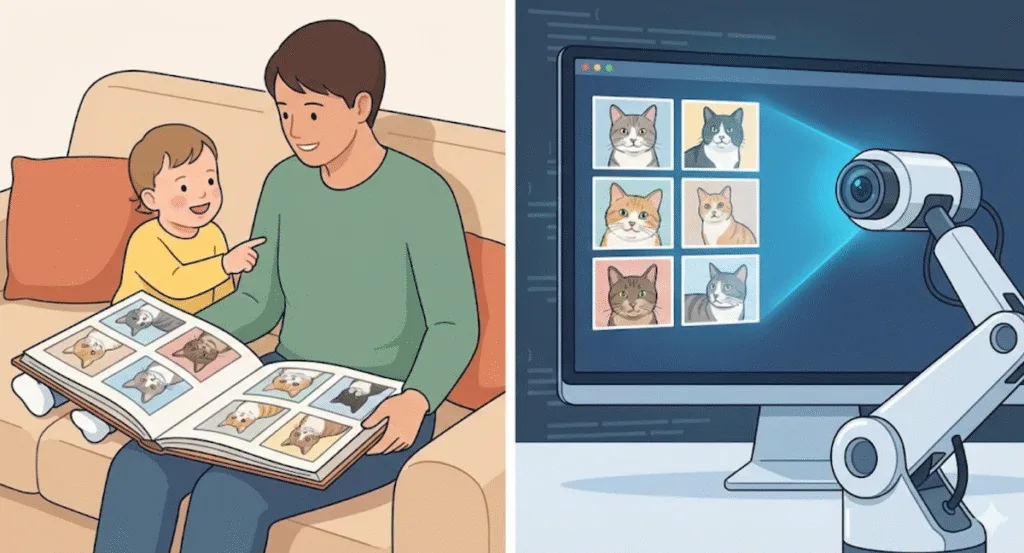 AI learns like a child by seeing many cat images to recognize patterns.