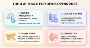 Top 4 AI Developer Tools 2026: AntiGravity, Claude, Gemini, ChatGPT.