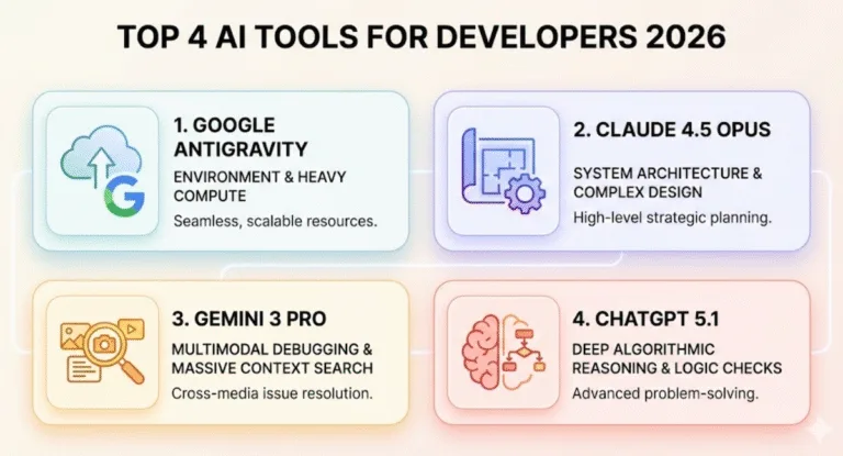 Top 4 AI Developer Tools 2026: AntiGravity, Claude, Gemini, ChatGPT.