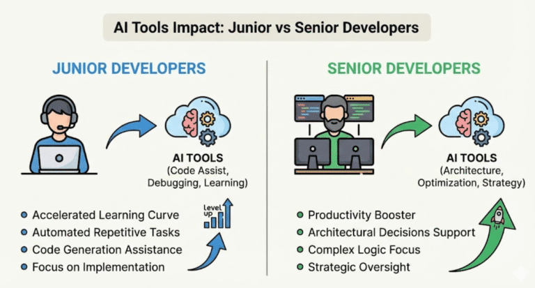 Infographic on: How AI Tools Impact Junior vs Senior Developers
