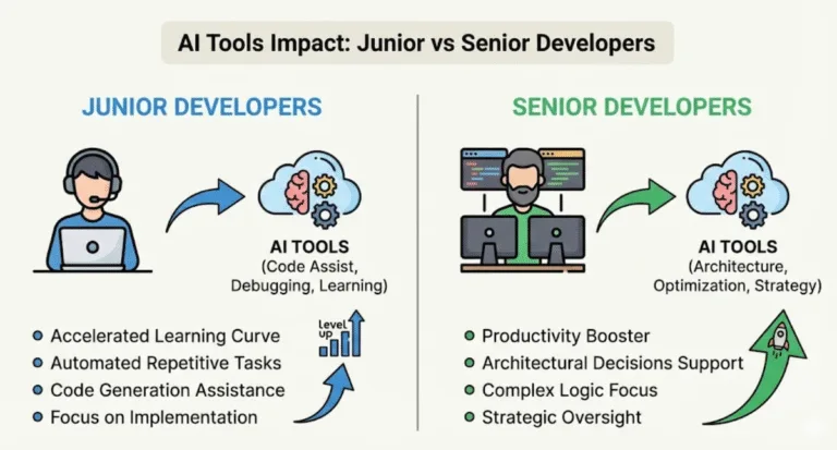 Infographic on: How AI Tools Impact Junior vs Senior Developers