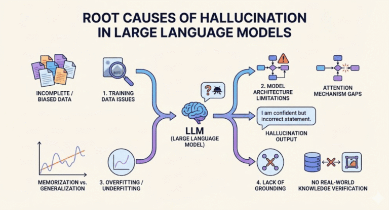Infographic on Root Causes of Hallucination in Large Language Models.