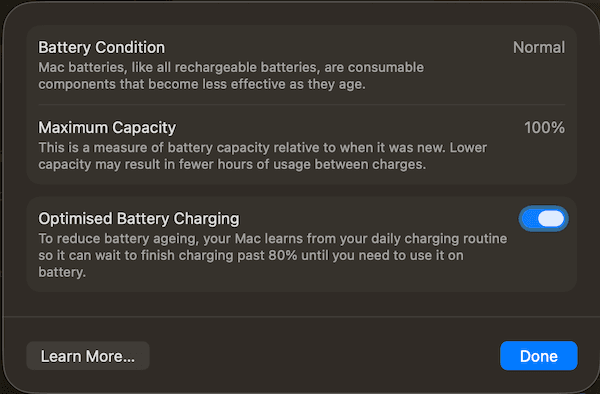 Image shows MacBook's Optimised Battery Charging Setting.