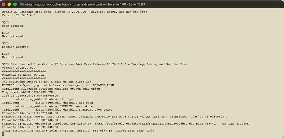 Oracle Database 26ai is running on Apple Silicon Mac using Docker