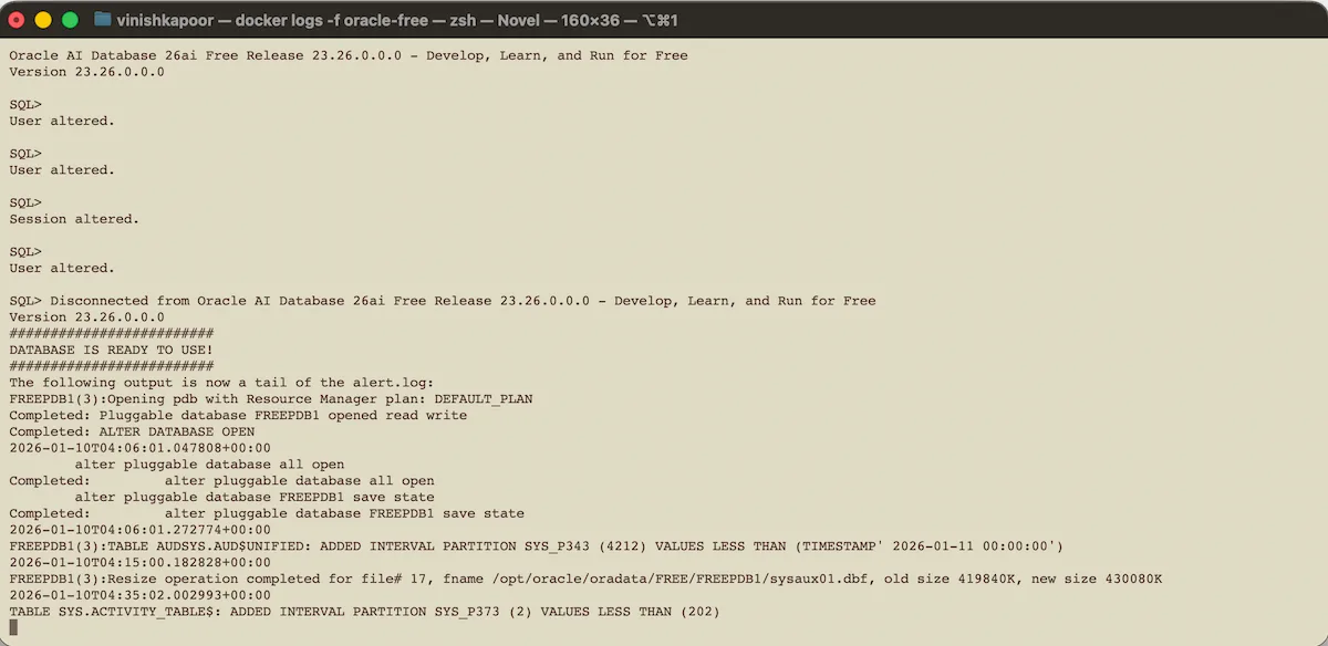 Oracle Database 26ai is running on Apple Silicon Mac using Docker