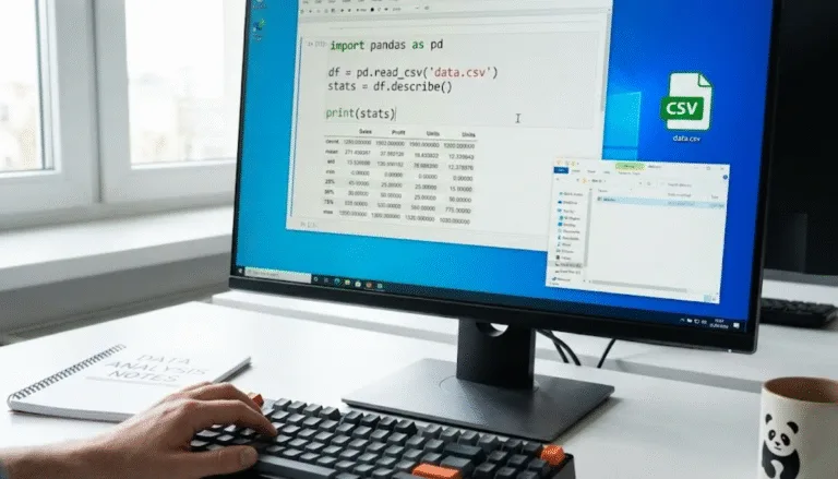 Person using Python Pandas code on a monitor to read a CSV file and display a statistics table.