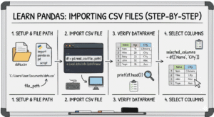 Whiteboard infographic showing four steps to import a CSV file using Python Pandas code.