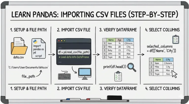 Whiteboard infographic showing four steps to import a CSV file using Python Pandas code.