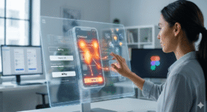A designer uses a futuristic holographic interface to analyze mobile checkout user experience.