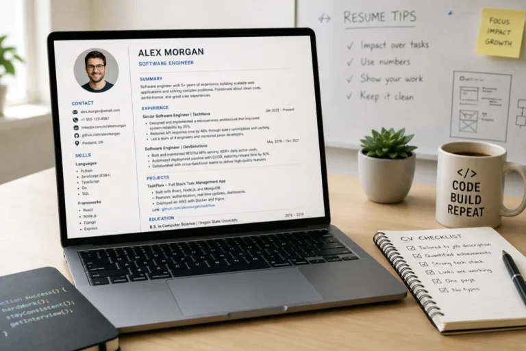 Programmer CV displayed on laptop in bright home office workspace with resume tips, notebook, coffee mug, and plant.