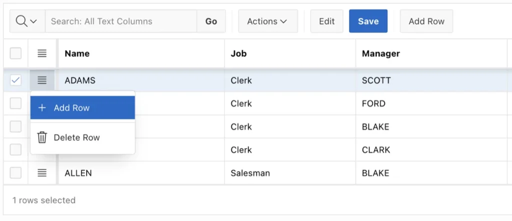 IG actions menu with add row option.