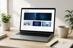 Workspace with a laptop displaying AI blog content, coffee mug, notebook, and modern AI visuals.