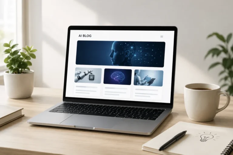 Workspace with a laptop displaying AI blog content, coffee mug, notebook, and modern AI visuals.