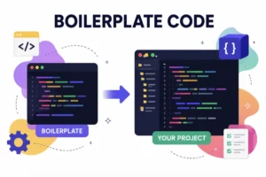 Boilerplate code diagram showing reusable code templates accelerating software project development.