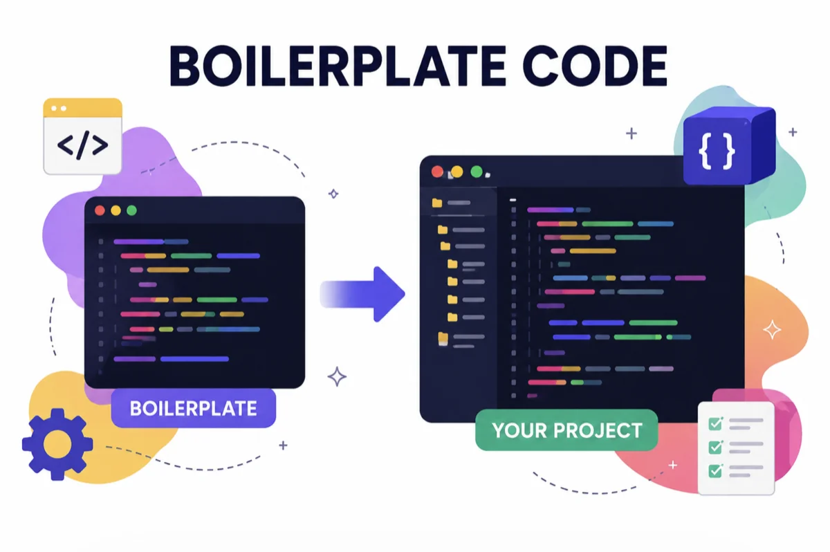 Boilerplate code diagram showing reusable code templates accelerating software project development.