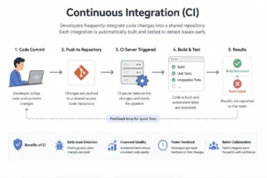Continuous Integration workflow showing code commit, repository push, automated build, tests, feedback, and results.