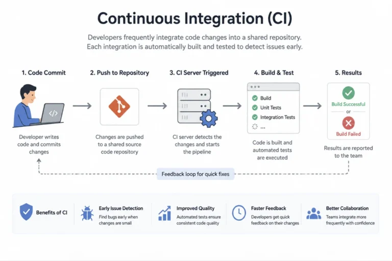 Continuous Integration workflow showing code commit, repository push, automated build, tests, feedback, and results.