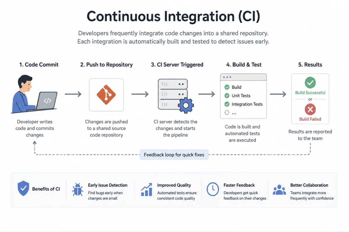 Continuous Integration workflow showing code commit, repository push, automated build, tests, feedback, and results.