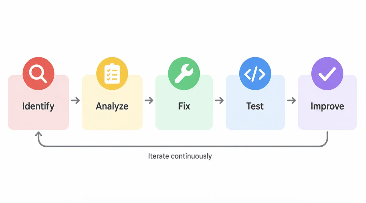 Colorful flowchart showing identify, analyze, fix, test, and improve steps for code smells.