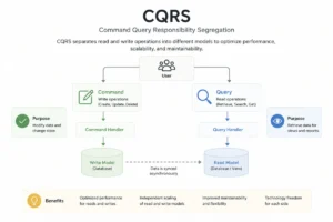 CQRS architecture diagram showing separated command and query flows with distinct read/write models.