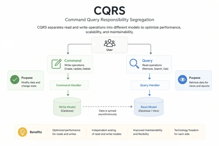 CQRS architecture diagram showing separated command and query flows with distinct read/write models.