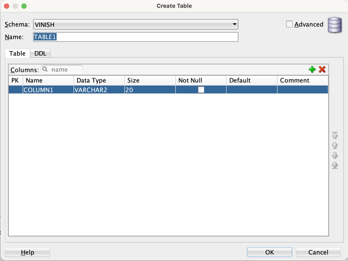Creating a table in Oracle SQL Developer.