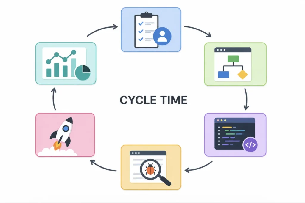 Software development cycle time diagram showing workflow from planning to deployment with colorful process stages.