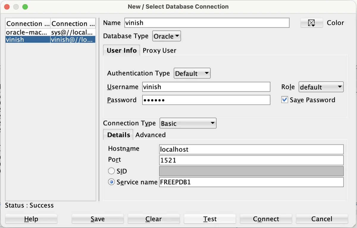 Database connection in Oracle SQL Developer.