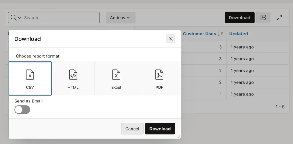 Displays Download file dialog that shows multiple format options.
